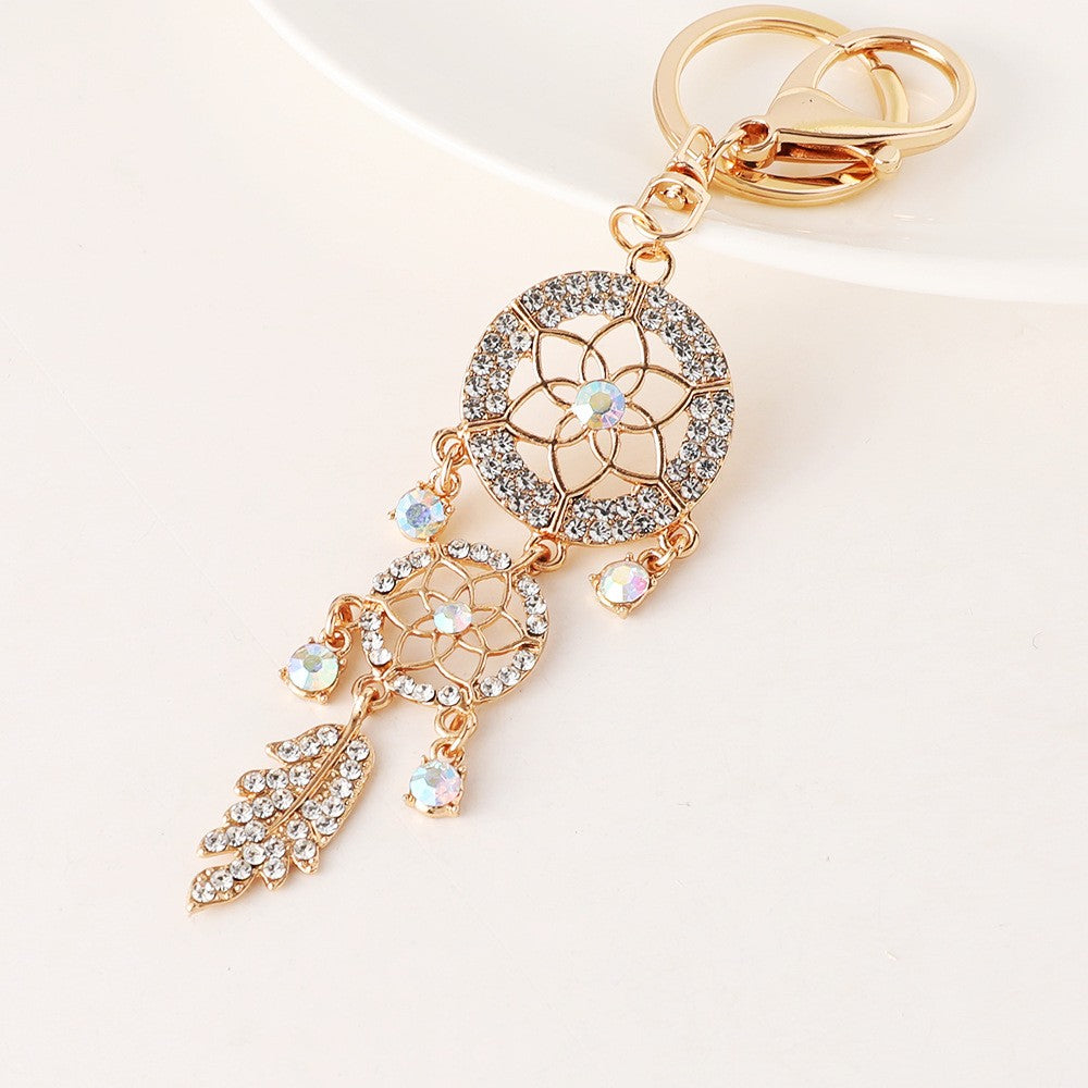 Shining Crystal Pearl Feather Dream Catcher Car Ornament – Elegant Hollow Metal w/ Sparkling Crystals Perfect Gift for Women