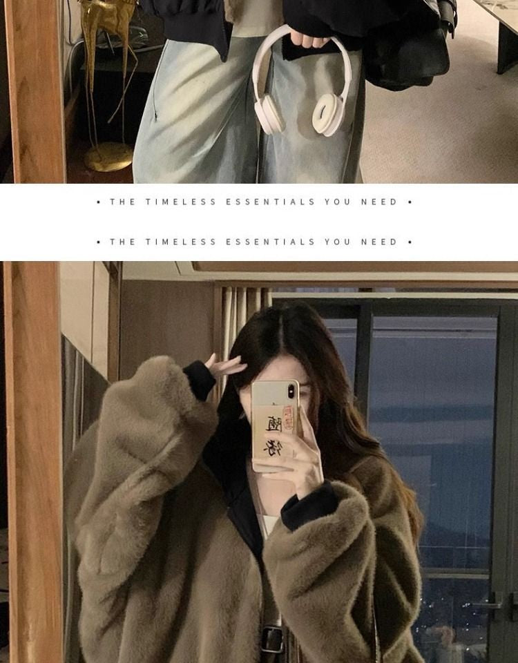 American Retro Reversible Velvet Zipper Hooded Jacket Women Winter Fashion Street Thick Loose Warm Harajuku Casual Plush Jacket