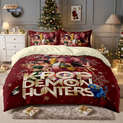 3pcs Christmas K-Pop Demon Hunters Print Coreless Bedding Set Multi Size Bedroom Bedding Decoration Machine Washable
