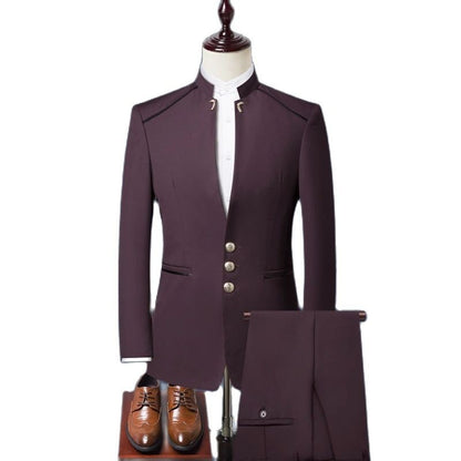 (Jacket+Pants) Men Fashion Simple Wedding Suit Black / Blue / Wine Red 2025 Homme Stand up Collar Business Social Dress 2Piece