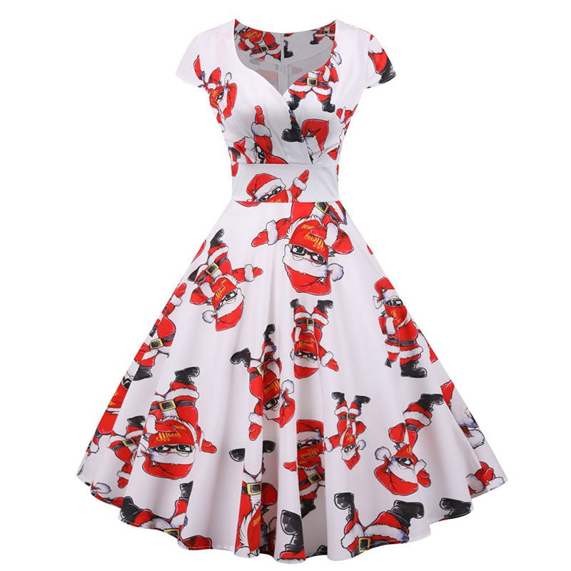 Fashion V-neck Short Sleeve Printed Christmas Dress Large Swing Vintage Elegant Xmas Party Dress