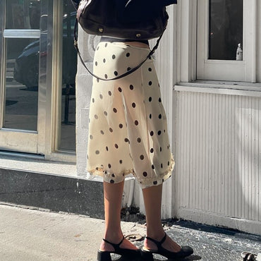 BIIKPIIK Casual Women Polka Dot Skirts Lettuce Trim Beige Elegant Midi Skirts St