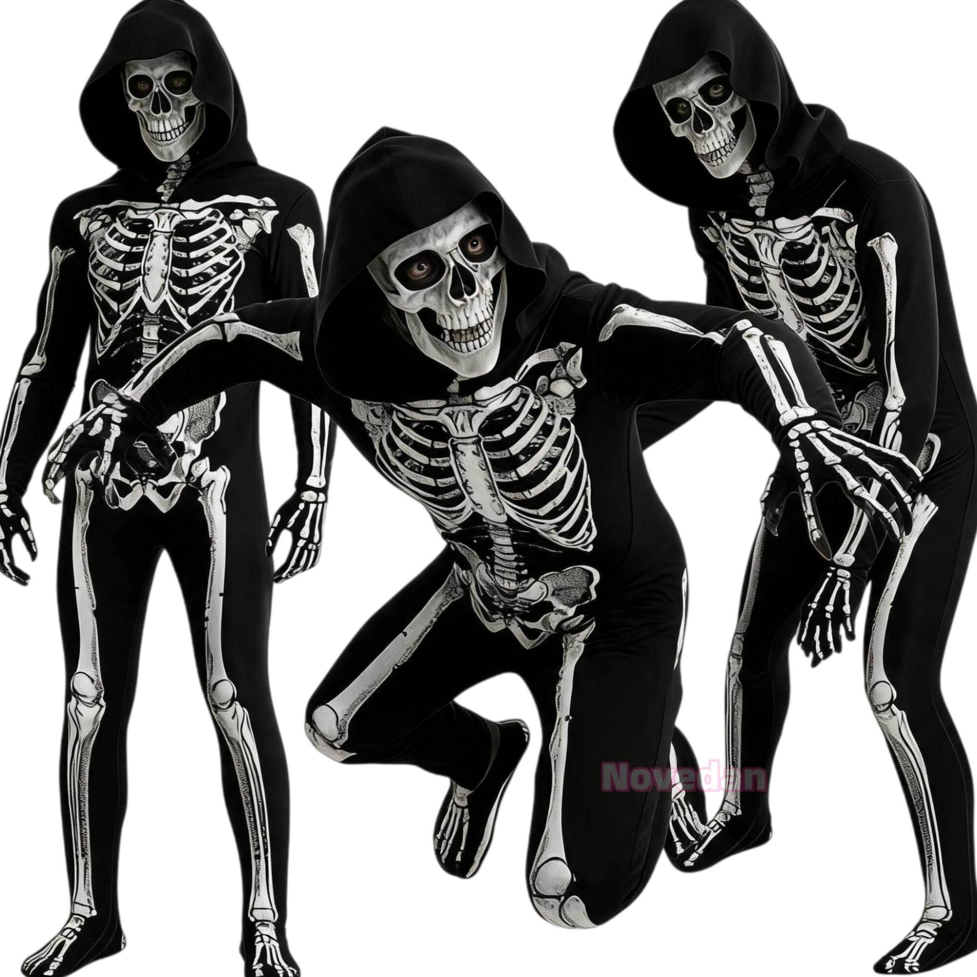Child Skeleton Horror Hooded Costume Kids Grim Reaper Spooky Skeleton Bodysuit Jumpsuit Scary Halloween Party Role Play Costume