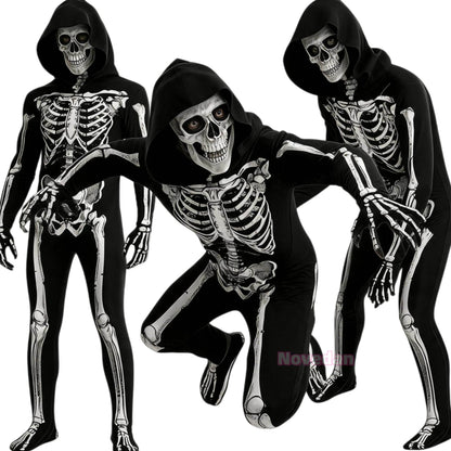Child Skeleton Horror Hooded Costume Kids Grim Reaper Spooky Skeleton Bodysuit Jumpsuit Scary Halloween Party Role Play Costume