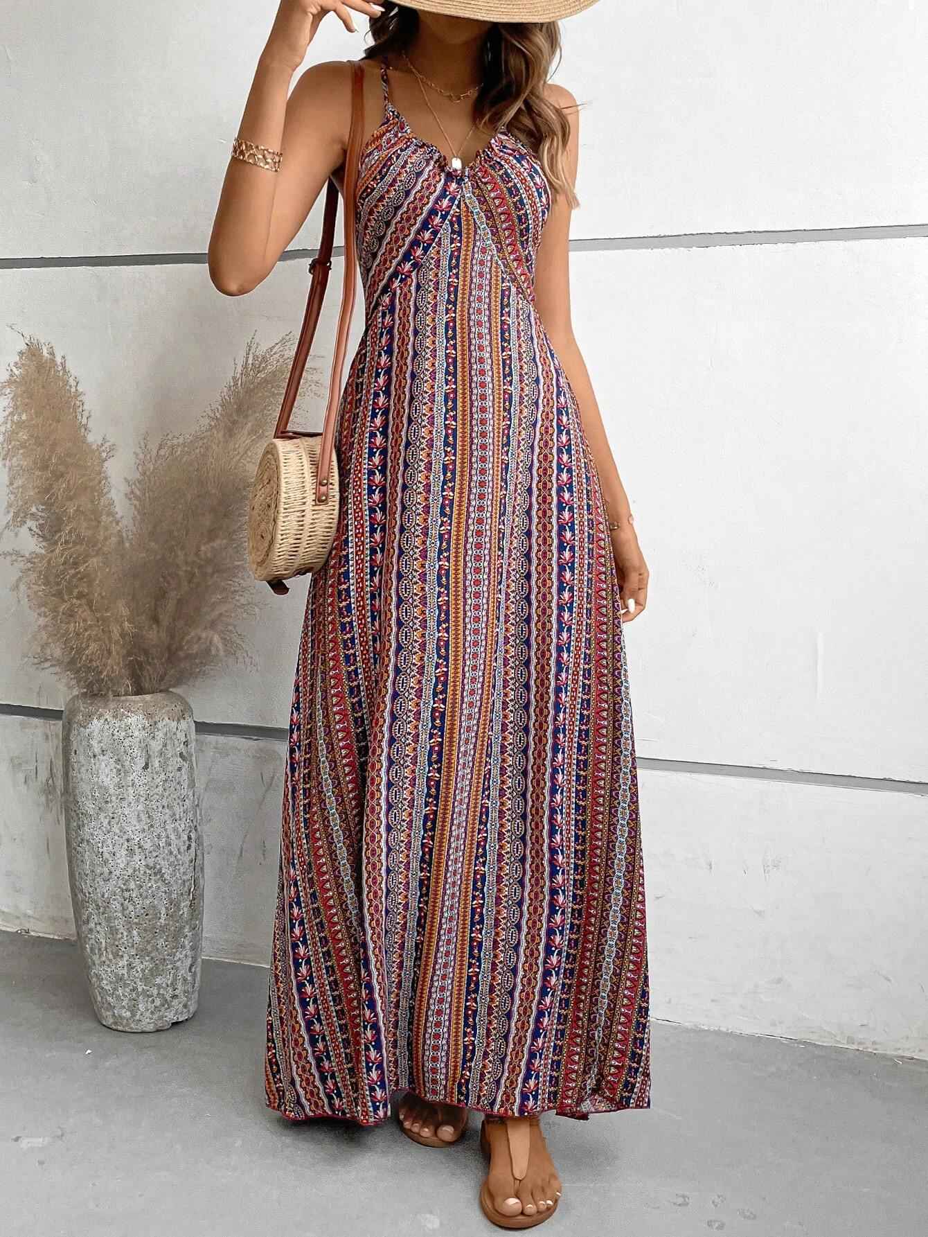 Women's Summer Ethnic Pattern Backless Split Thigh Dress Ladies Summer Clothes Boho Fashion Frill Trim Long Dress for Beach