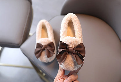 Girls Winter Shoes Cotton-padded Warm Cotton Fur Fluffy Children Flats Kids Loafers Slip-on Princess Sweet Anti-slippery Bowtie