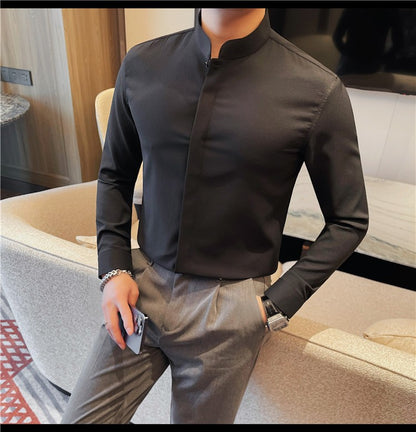 Men Standing Collar Shirt Long Sleeved 2024 Autumn British Style Solid Casual Hidden Button Elastic Slim Fit Formal Dress Shirt