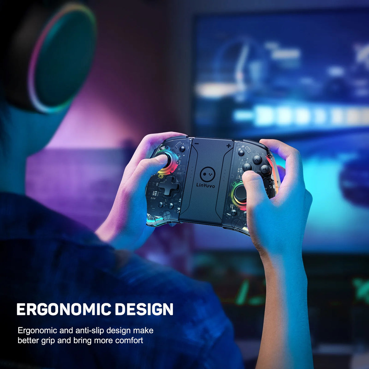 LinYuvo KS40 Transparent Wireless Gamepad for Switch/OLED with 8 Color LED,Turbo Function.Controller Joystick for Switch Lite