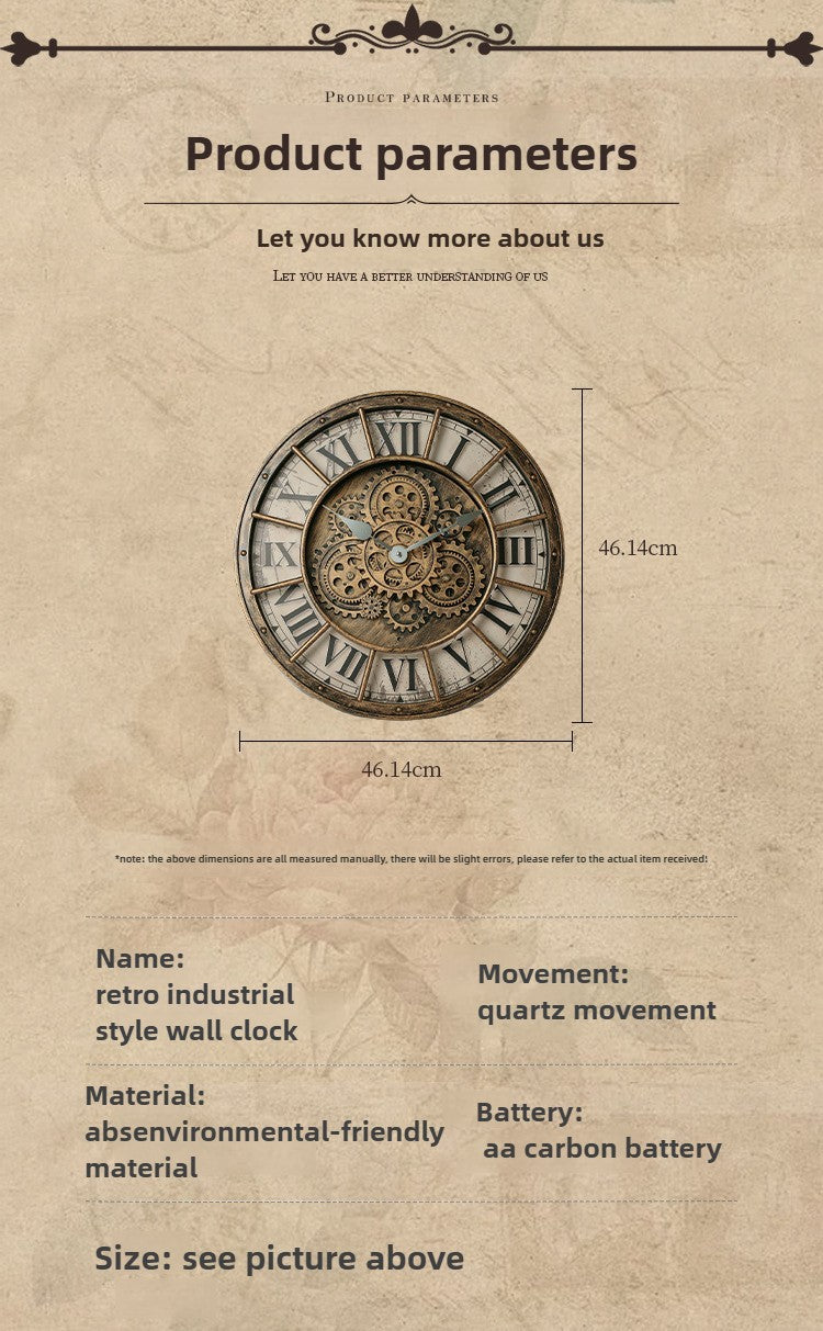 46cm Real Moving Gears Wall Clock Large Industrial Steam Punk Roman Numeral Wall Clock Living Room Home Decoration Quartz Clock