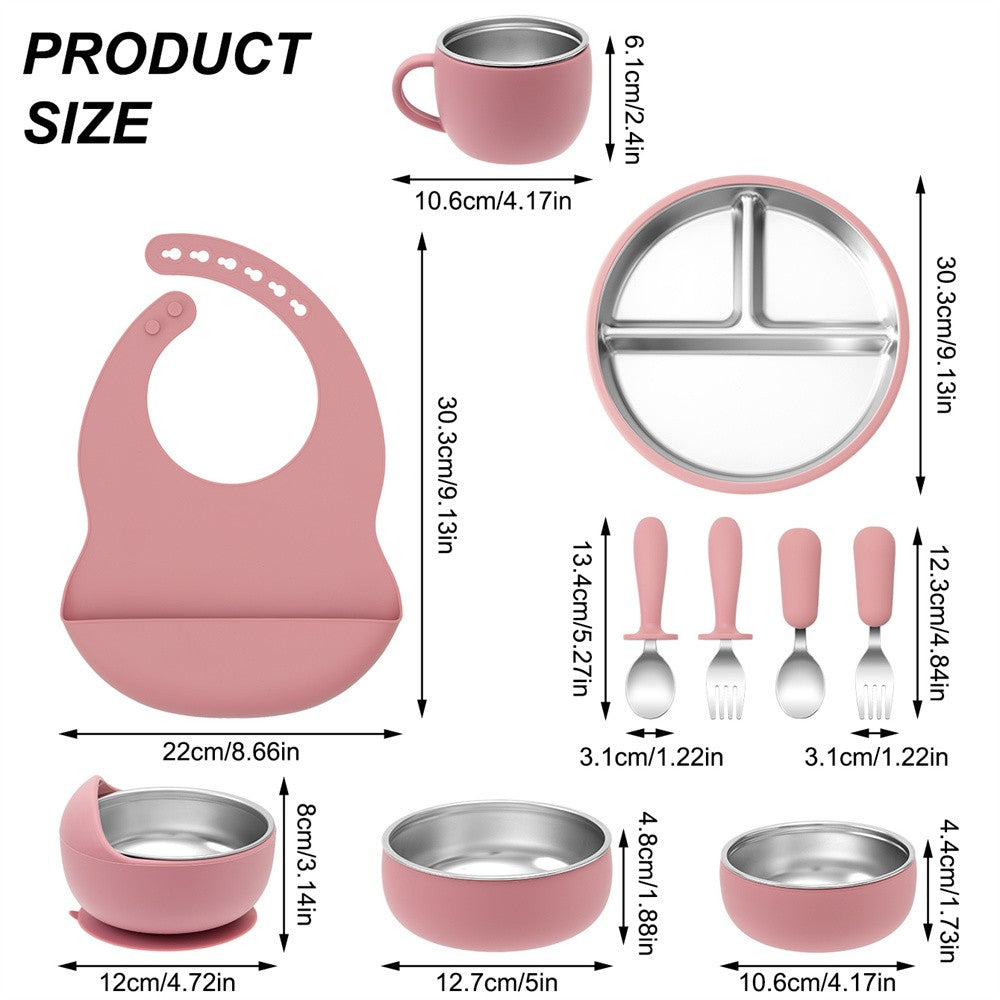 Color Kids 10PCS Infant Feeding Set Stainless Steel Silicone Tableware With Detachable Bowl Plate Bib Weaning Utensils For Baby