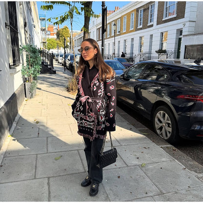 Knitted Print Lace-up Cardigan Coat Women's Elegant V-neck Tassels Full Sleeve Belted Sweaters 2025 Autumn New Ladies Outwear