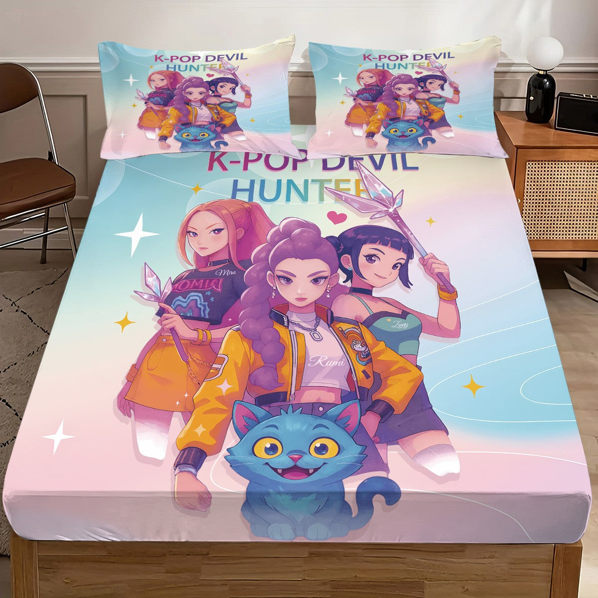 Conjunto de Lençóis Sem Costura K-Pop Demon Hunters Estampado 3 Peças Vários Tamanhos Macio Capa de Cama Roupa de Cama Lavável na Máquina