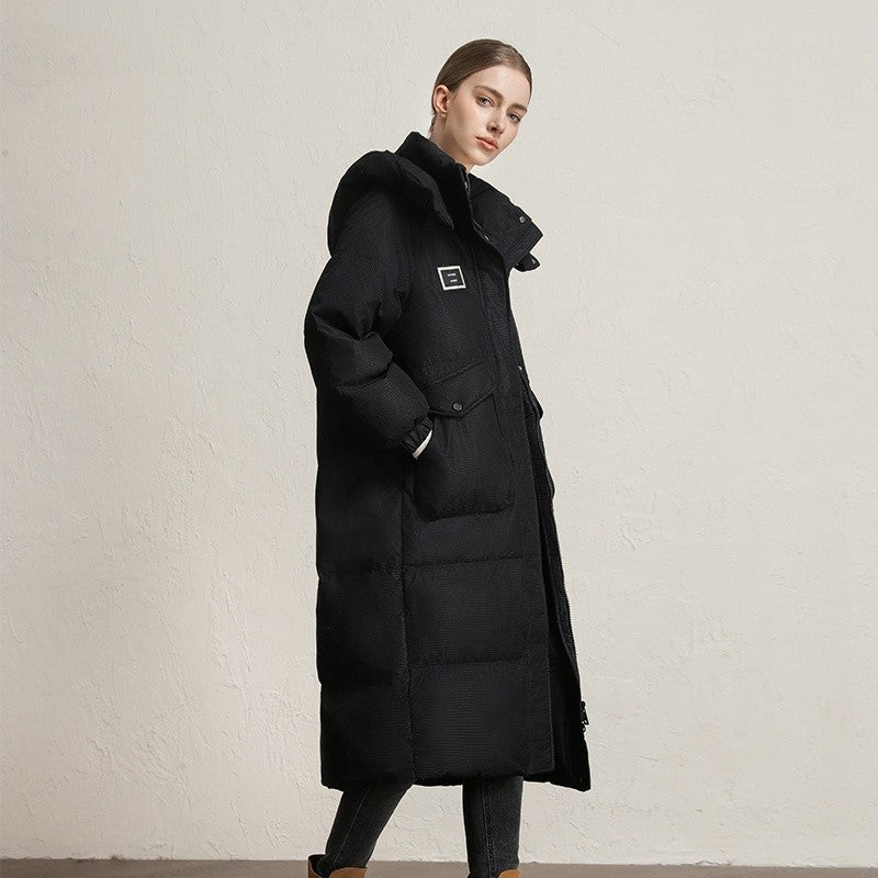 CLARKE QUEEN Long Down Jacket for Women Winter Duck Down Coat Hooded Over-the-Knee Casual Thickened Fitted Padded Puffer Coat