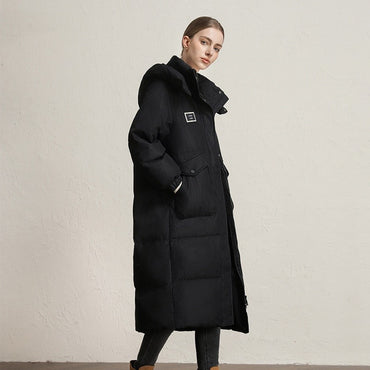CLARKE QUEEN Long Down Jacket for Women Winter Duck Down Coat Hooded Over-the-Knee Casual Thickened Fitted Padded Puffer Coat