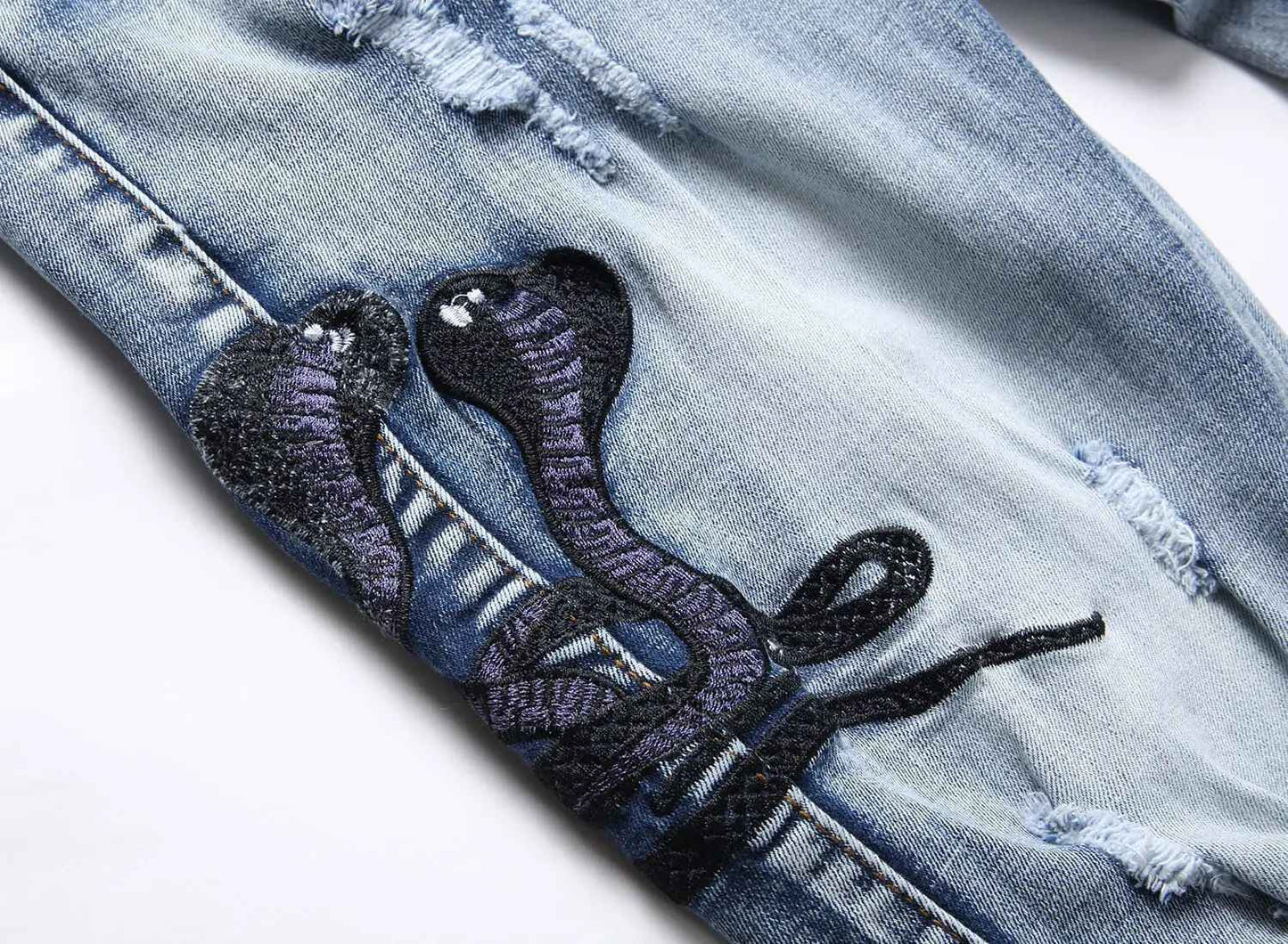 Blue Eyed Snake Embroidery Street Style Jeans For Teenagers Elastic Waist Cotton Material Casual Scene Suitable