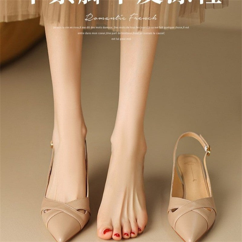 New Summer Fashion Comfortable Casual Wear-resistant Shallow Mouth Pointed Toe Toe Hollow Back High Heels Sheepskin Sandals