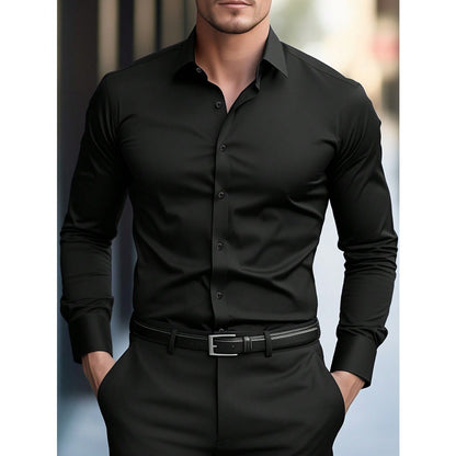 FGKKS Men Casual White Shirt Brand Fashion Solid Color Long Sleeve Elastic Fabric Male Business Dress Shirt