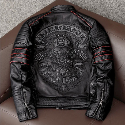 Men's Spring Original Leather Motorcycle Jacket 2025 Skull Embroidery Top Layer Cowhide Clothing Slim Fit Black Slim Male Coat