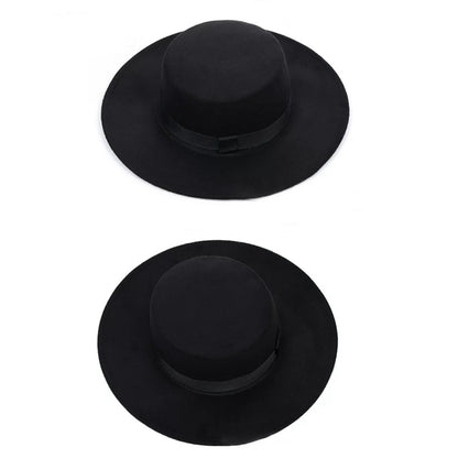 New Classic Solid Color Felt Fedoras Hat Belt for Men Women Blend Jazz Cap Wide Brim Simple Church Derby Flat Top Hat Mujer