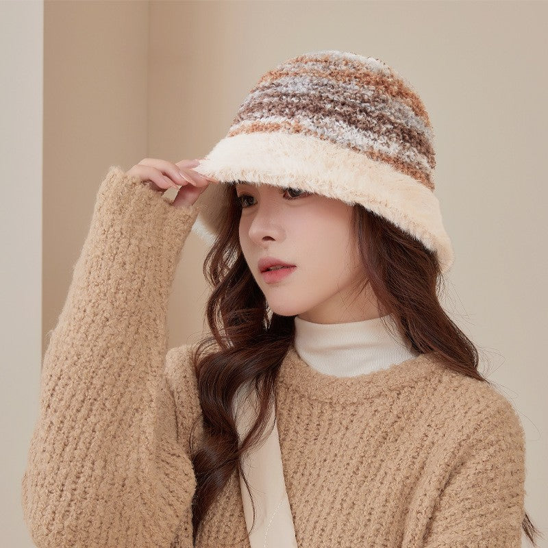 New Warm Luxury Bucket Hat For Women Plush Patchwork Autumn Winter Wool Felt Stripe Large Bucket Hat Colorful Faux Fur Hat Cap