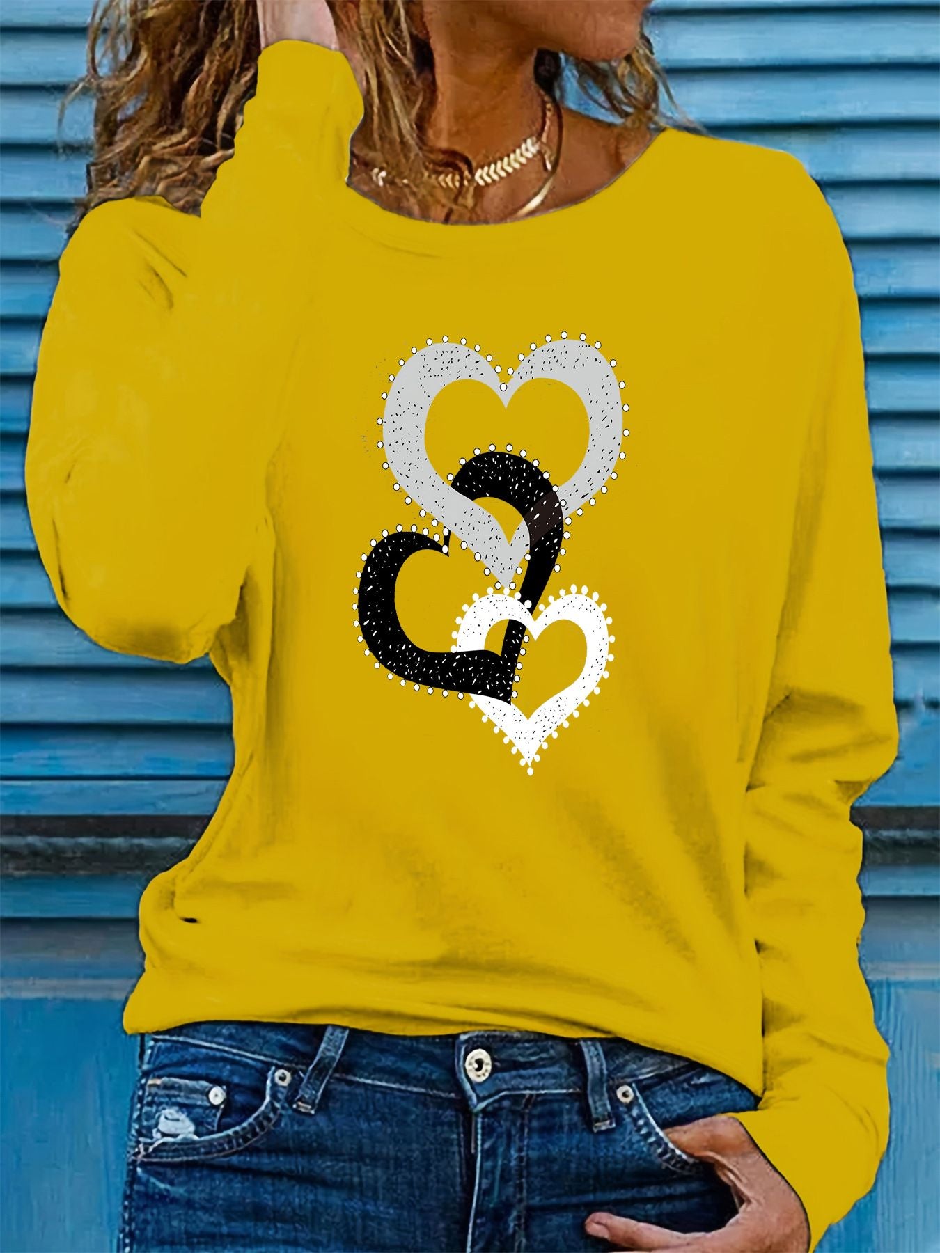 100% pure cotton women's spring and autumn loose comfortable casual heart-shaped graphic printed long sleeved round neck T-shirt