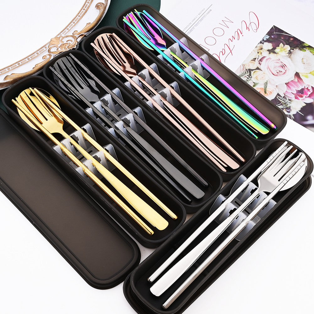 Drmfiy Western 6Set Black Dinnerware 304 Stainless Steel Tableware Long Handle Spoons Chopsticks Metal Korean Silverware Set