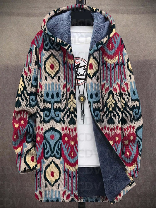 Unisex Retro Ethnic Pattern Print Plush Thick Long-Sleeved Sweater Cardigan Coat