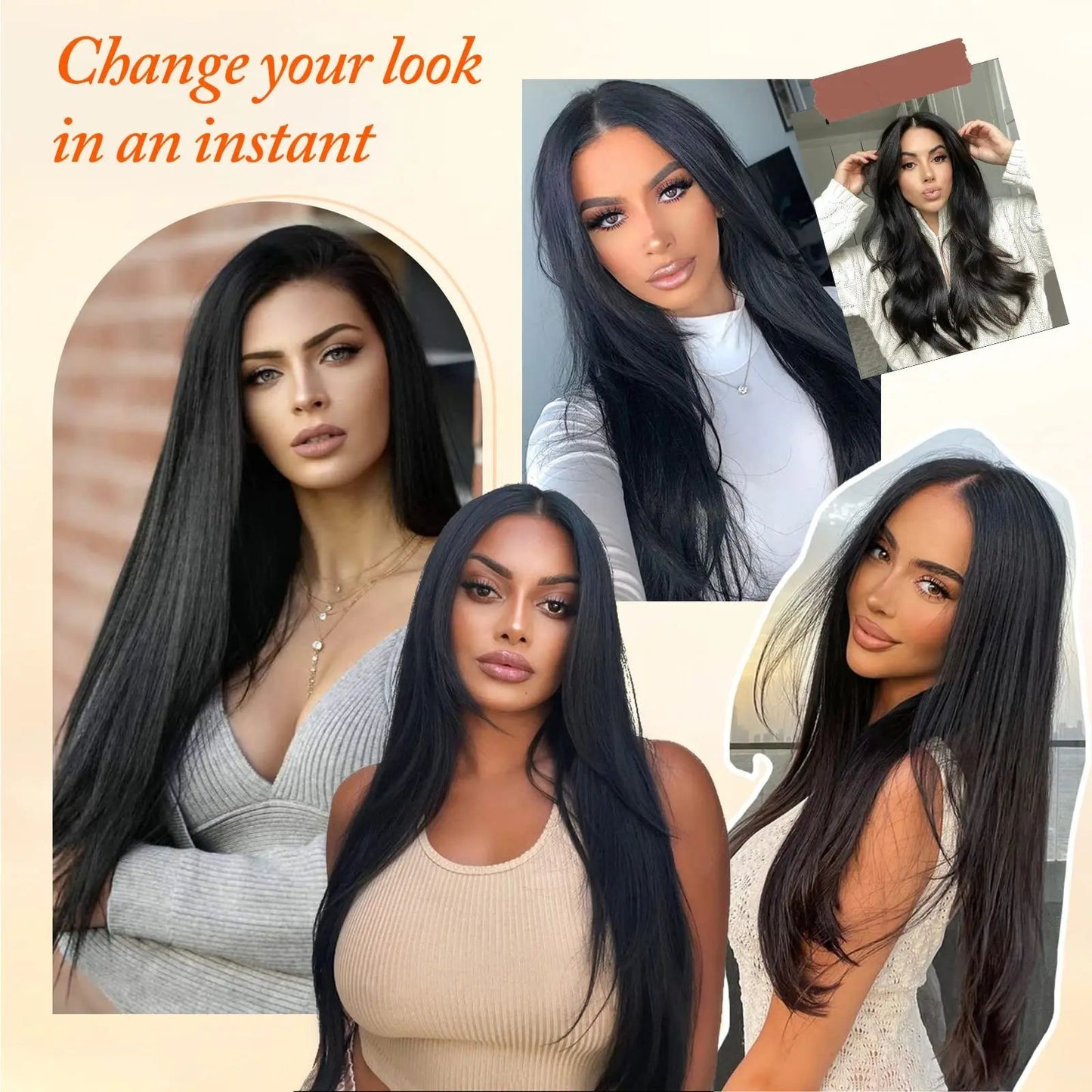 7 peças/conjunto de aplique de cabelo com 16 grampos, preto, longo e liso, cabelo natural, aplique de cabelo ombre, fibra resistente ao calor para penteado feminino