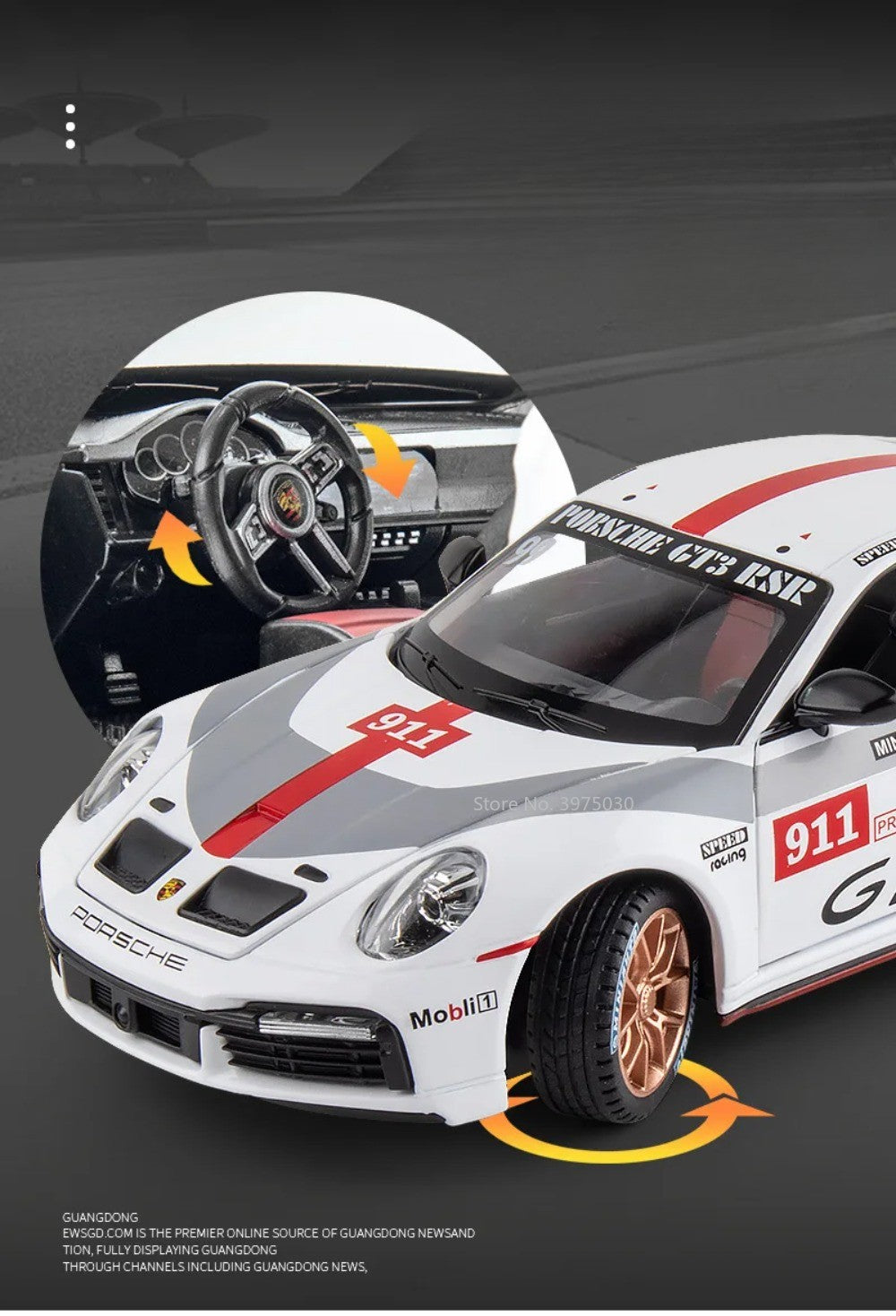 1:24 Alloy Porsche 911 GT3 RSR Sports Cars Diecast Miniature Models Toy with Sound Light Pull Back Vehicle Boys Collection Gifts