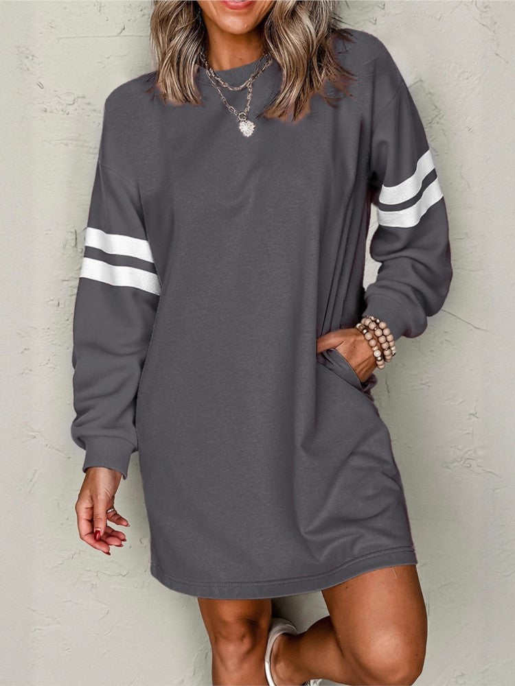 Autumn Winter New Striped Drop Shoulder Sweatshirt Mini Dresses Women Casual Loose O Neck Long-sleeved Pocket Dress Female 2025