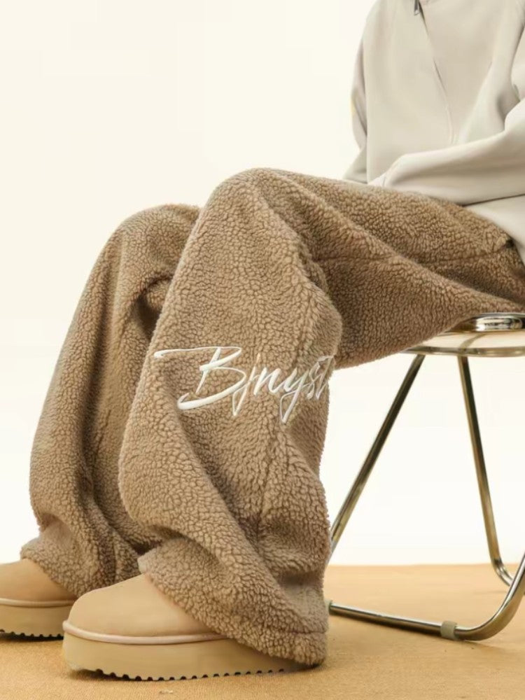 Women's Embroidered Flannel Sweatpants American Lamb Fleece Cotton Thickened Warm Couple Skiing Pants Autumn