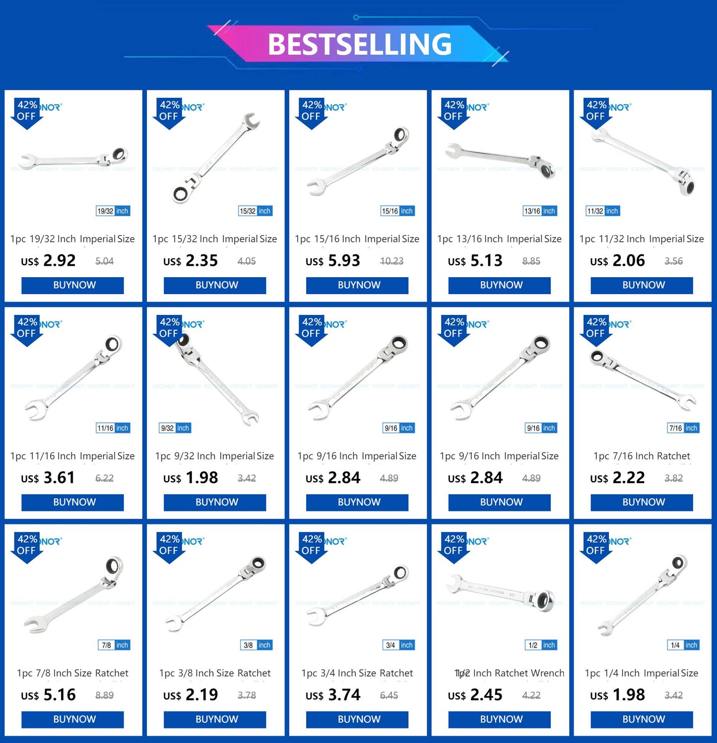 Jogo de chaves de catraca de tamanho imperial de 1/4 a 15/16 polegadas, de 1 peça, com cabeça flexível universal, ferramentas manuais para reparo de carros