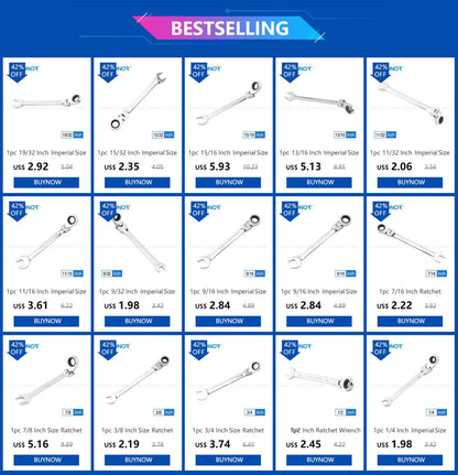 Jogo de chaves de catraca de tamanho imperial de 1/4 a 15/16 polegadas, de 1 peça, com cabeça flexível universal, ferramentas manuais para reparo de carros