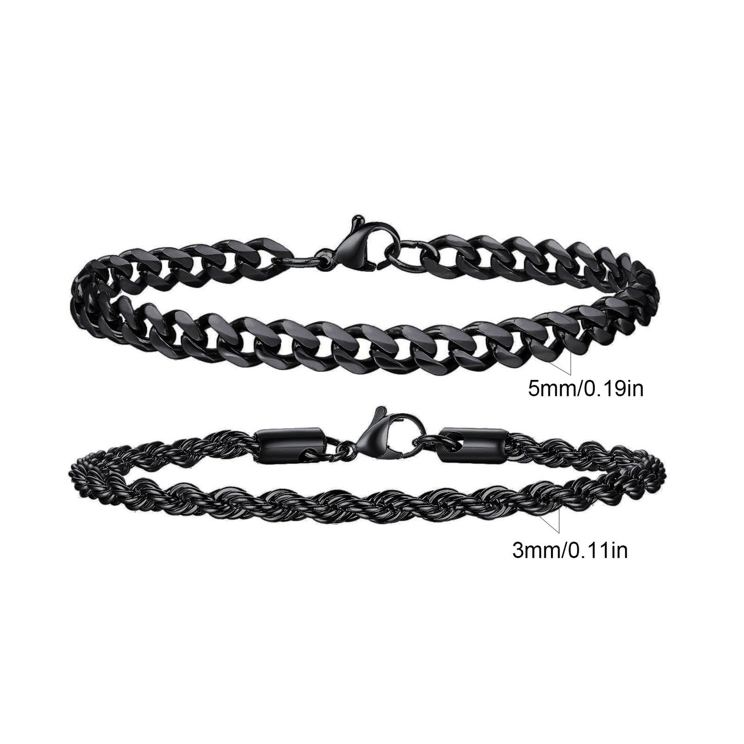 2 Pulseiras Masculinas de Corrente, Aço Inoxidável Prata Ouro Cor Preta, Corrente de Corda Torcida, Pulseira, Correntes Cubanas Modernas de Presente