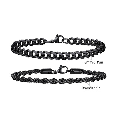 2 Pulseiras Masculinas de Corrente, Aço Inoxidável Prata Ouro Cor Preta, Corrente de Corda Torcida, Pulseira, Correntes Cubanas Modernas de Presente