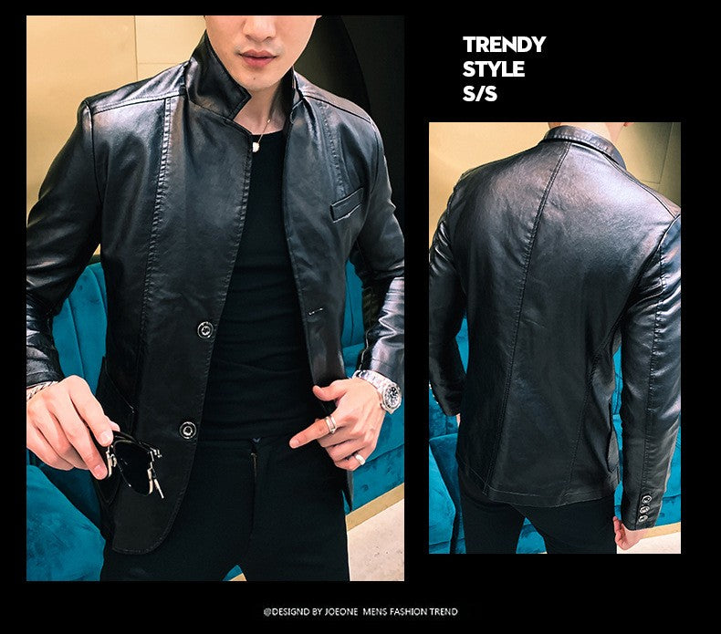 Spring/Autumn Leather Jacket - Plus Size Men's Youth Suit Collar Business Casual Leather Jacket European Sizes XS-3XL