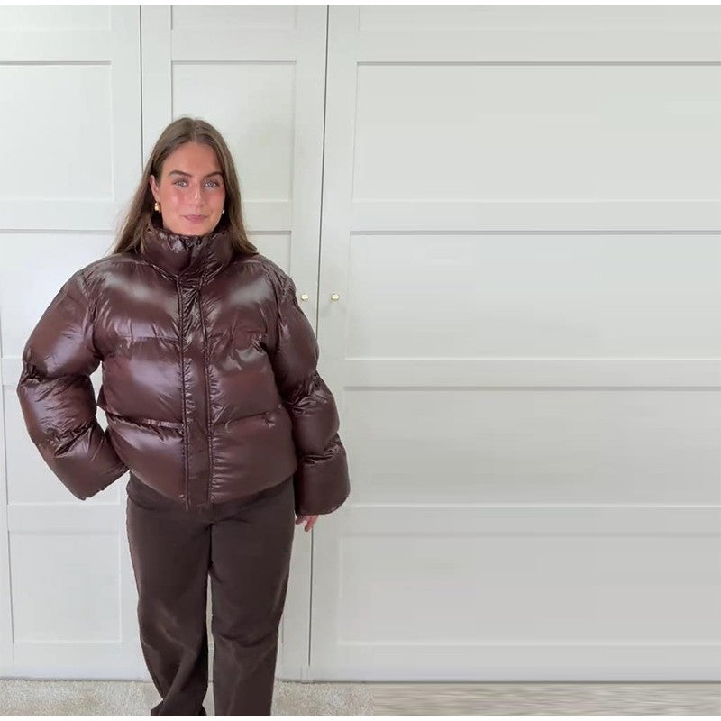 Fashion Glossy Padded Jacket Women's Solid Turtleneck Long Sleeve Warm Down Coat 2025 Autumn Winter New Lady Casual Outerwear