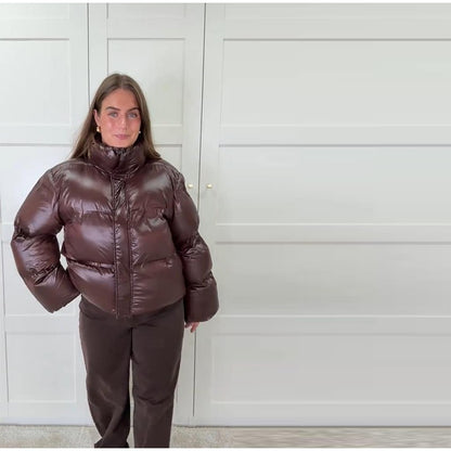 Fashion Glossy Padded Jacket Women's Solid Turtleneck Long Sleeve Warm Down Coat 2025 Autumn Winter New Lady Casual Outerwear