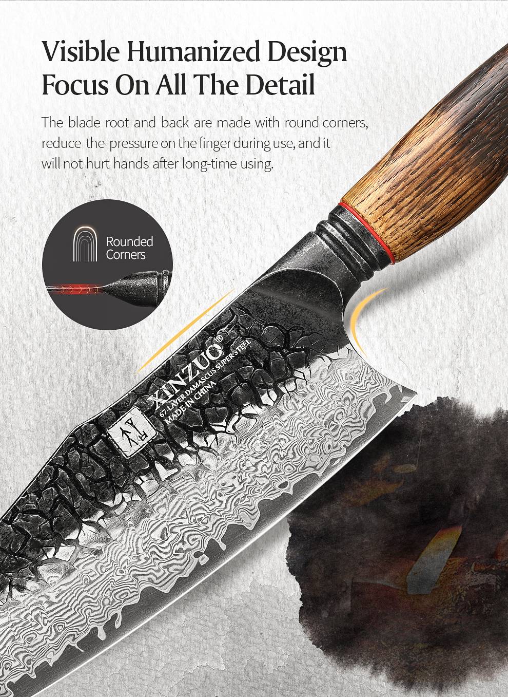 XINZUO 1-6-Piece Damascus Knife Set 67-Layer Steel White Oak Red G10 Handles Paring Utility Cleaver Santoku Bread Knife