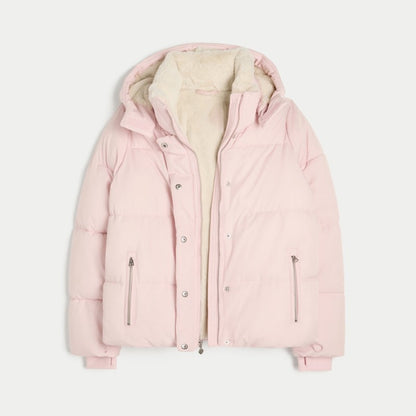 Pink Women's Jacket With Hat Zipper Pockets Inner Faux Fur Solid Female Jackets 2025 Autumn Winter Fashion Chic Lady Outwears