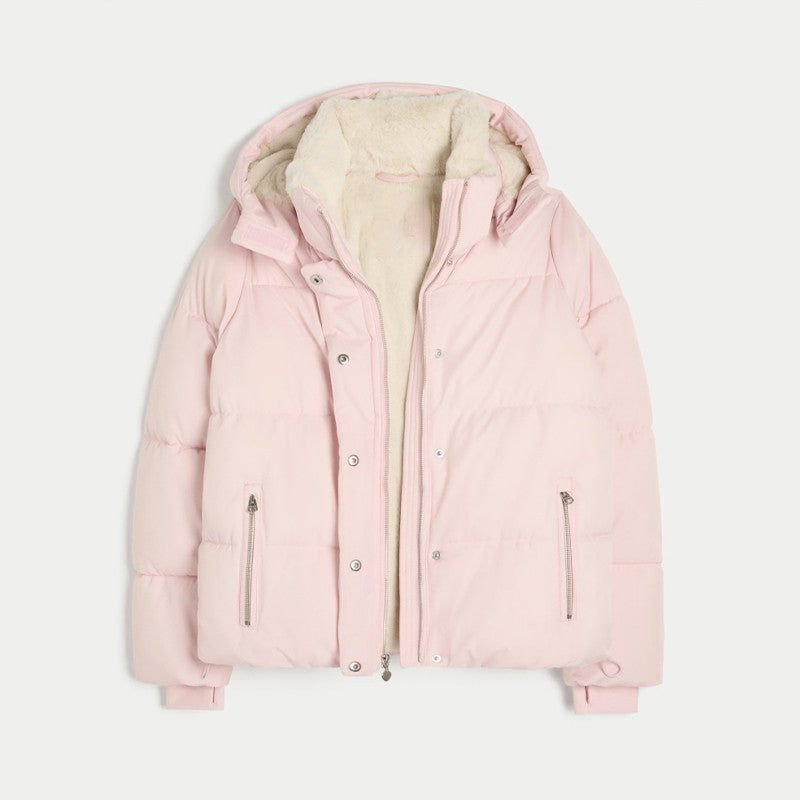 Pink Women's Jacket With Hat Zipper Pockets Inner Faux Fur Solid Female Jackets 2025 Autumn Winter Fashion Chic Lady Outwears