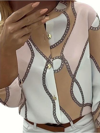 Plus Size Casual Top, Women's Plus Colorblock Chain Print Button Up Roll Up Sleeve Round Neck Top
