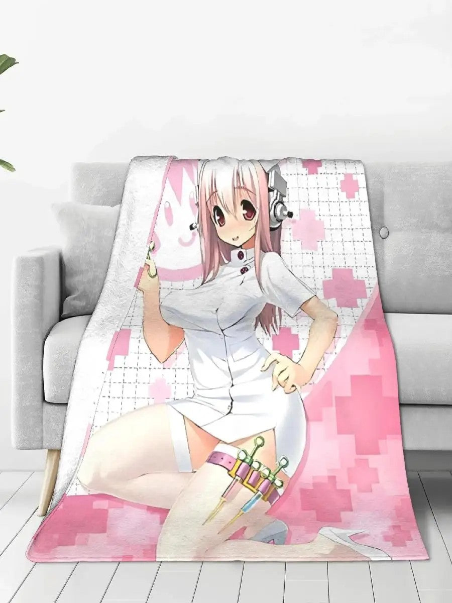 Cobertor de flanela Anime Super Sonico Garota Enfermeira Bonita para Decoração de AC de Verão, Macio e Quente, Colcha, decoração para casa