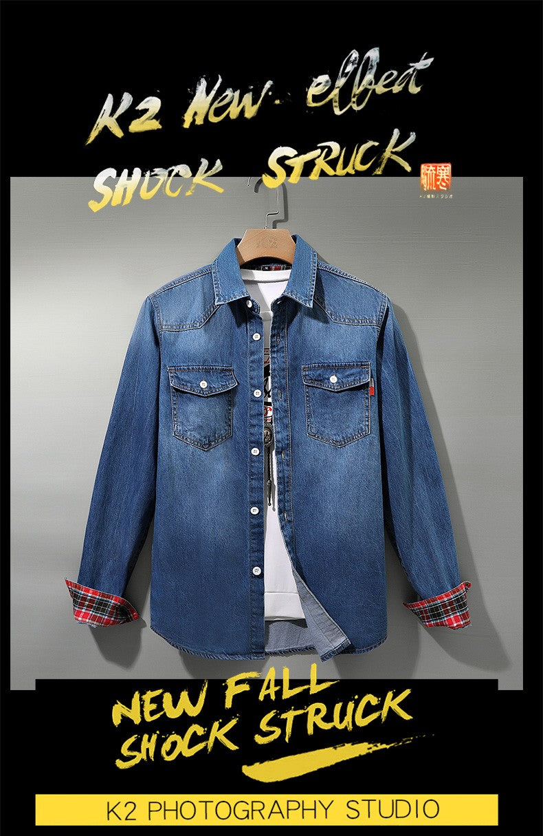 Denim Shirt Men Cotton Jeans Shirt Fashion Autumn Slim Long Sleeve Cowboy Shirt Stylish Wash Slim Tops Asian Size 4XL