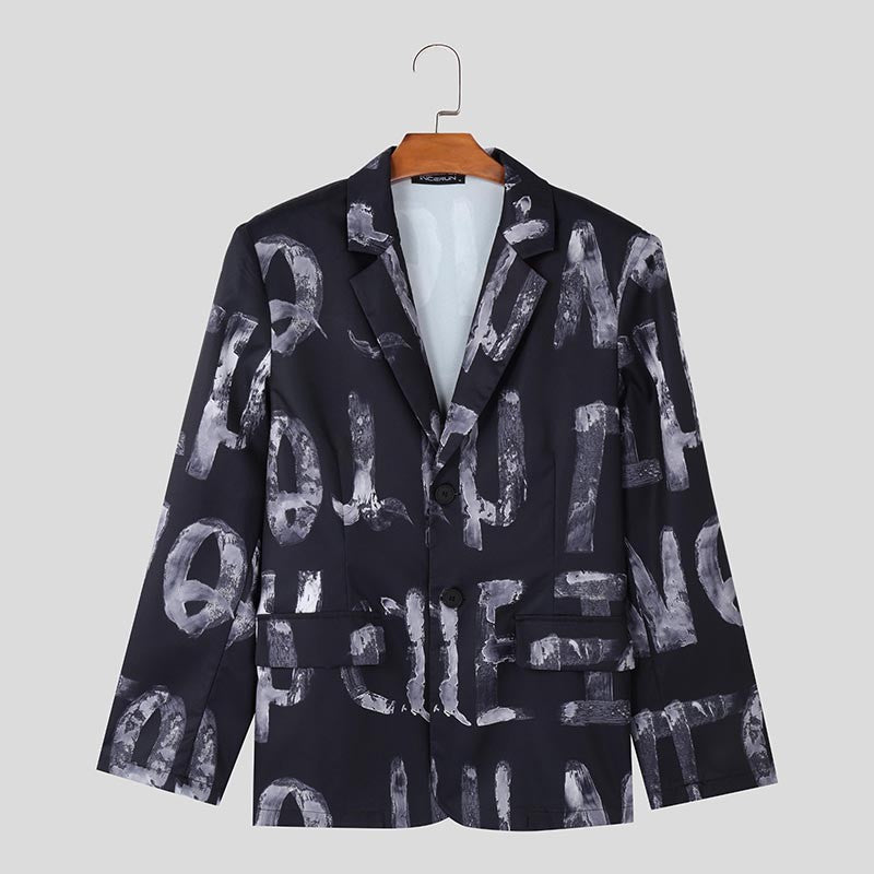 Fashion Casual Style Tops INCERUN Handsome Men's Art Hand-painted Letter Suit Coat Streetwear Male All-match Long Sleeved Blazer