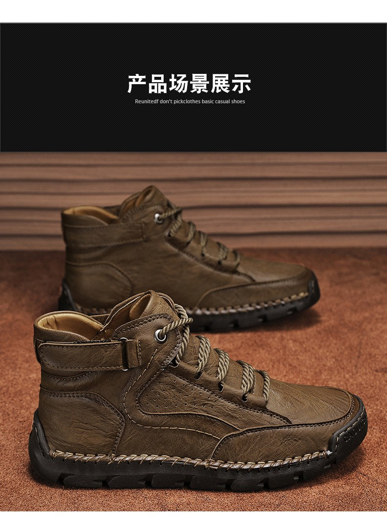 Botas masculinas costuradas à mão, sapatos casuais plus size, botas confortáveis e macias, botas antiderrapantes para uso externo