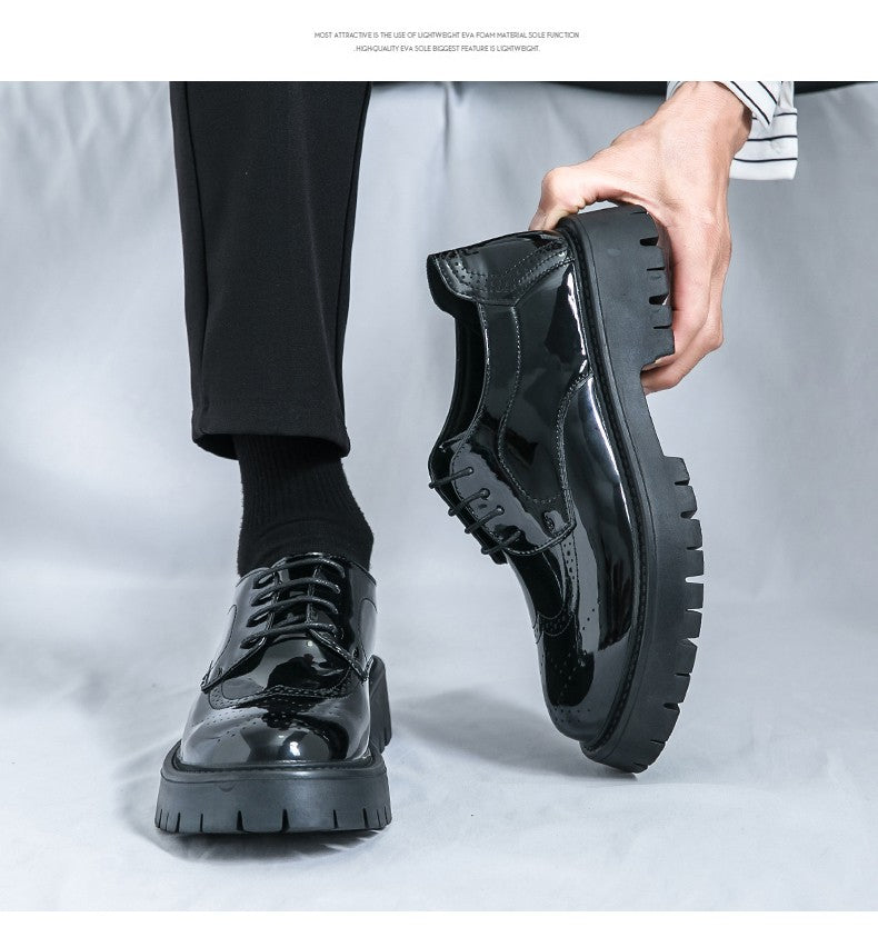 Leather shoes men's thick soles increase British style Brock business dress black senior sense wedding groom shoes 46 yards