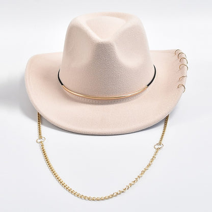 Chapéus Fedora Retrô Femininos Masculinos Chapéu de Jazz em Feltro com Corrente de Metal Aba Curva Chapéu de Cowboy Ocidental Sombrero Hombre