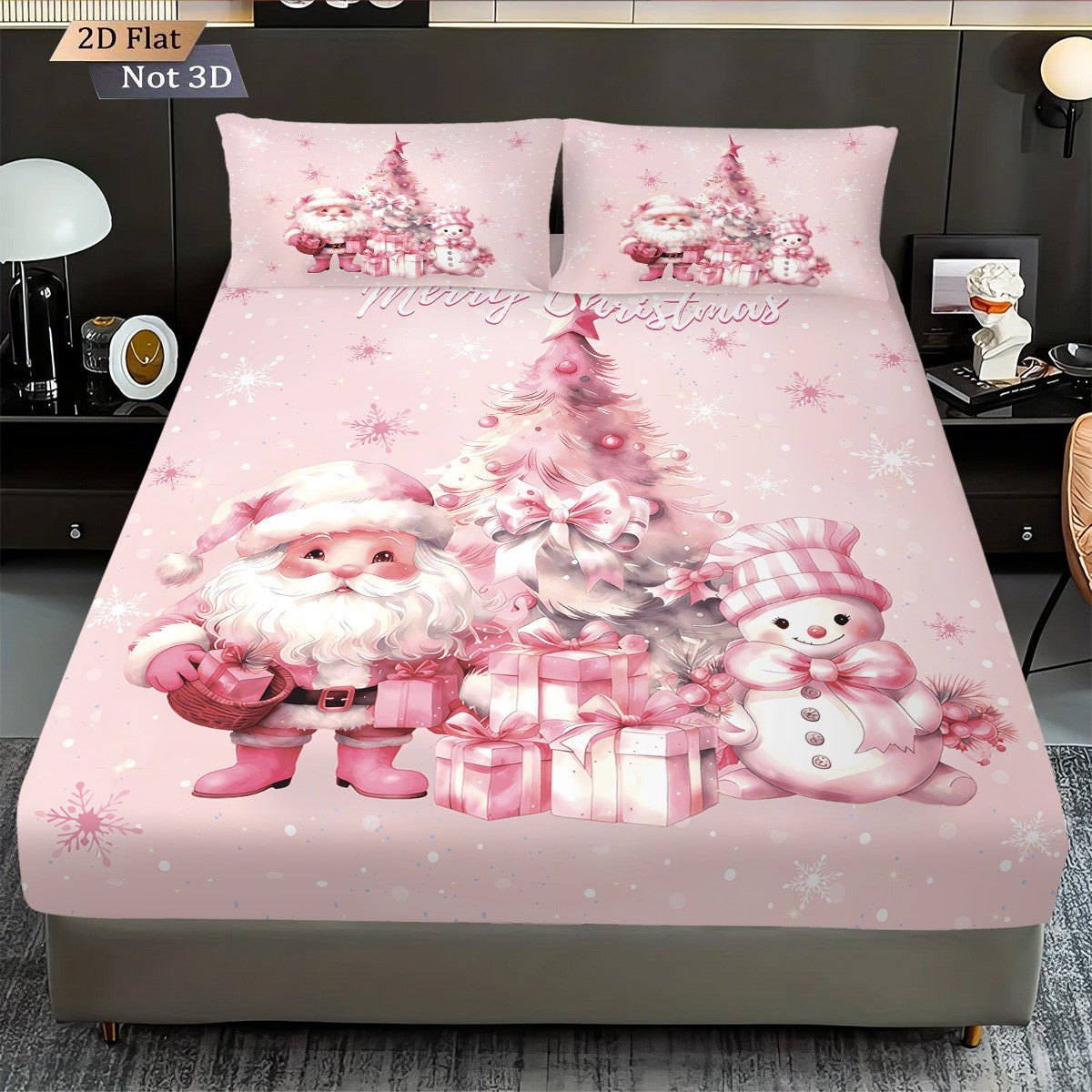 3pcs pink Christmas snowman print coreless bed sheet set multiple sizes bed covers bedroom bedding decorations machine washable