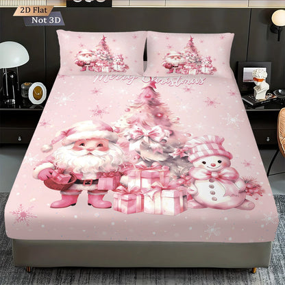 3pcs pink Christmas snowman print coreless bed sheet set multiple sizes bed covers bedroom bedding decorations machine washable